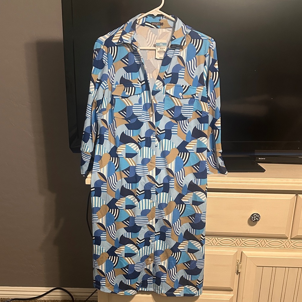 J. McLaughlin Blue and Tan Geometric Dress size large